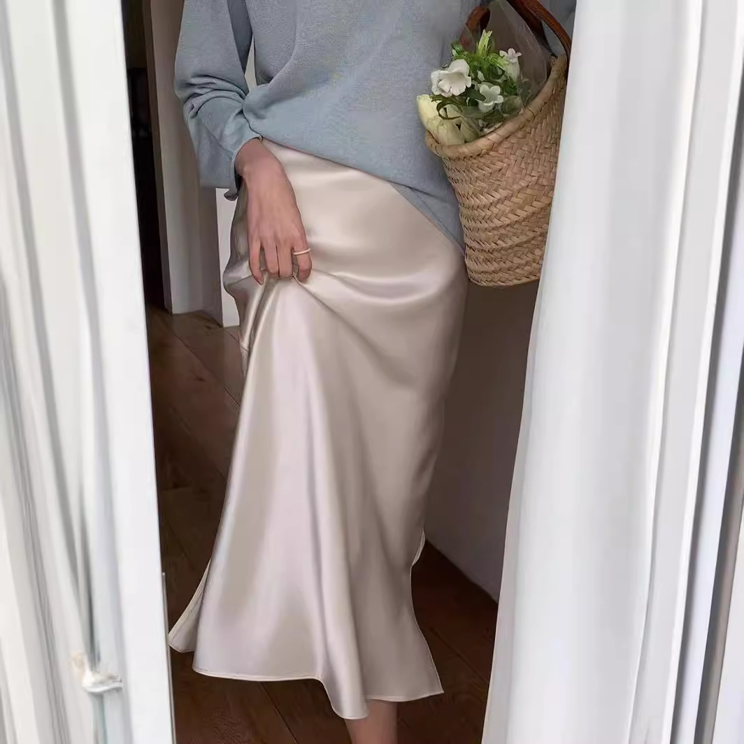 P2360 Zippered acetate satin skirt A-line women's shiny slim high waist long skirt silky large size