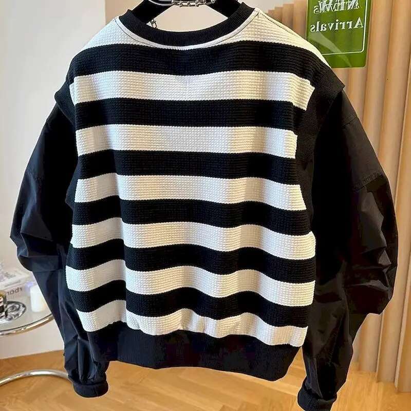Oversized Pullovers Women Fashion Black White Striped Niche Pullover Tops Casual Loose Fake Two-Piece Long Sleeve Tshirt Autumn