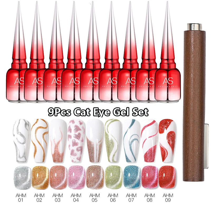 AS 9pcs Cat Eye Magnetic Moonlight Gel Nail Polish Set 15ml Sparkle White Silver Water Light Red UV Gel Nail Art Manicure 250107