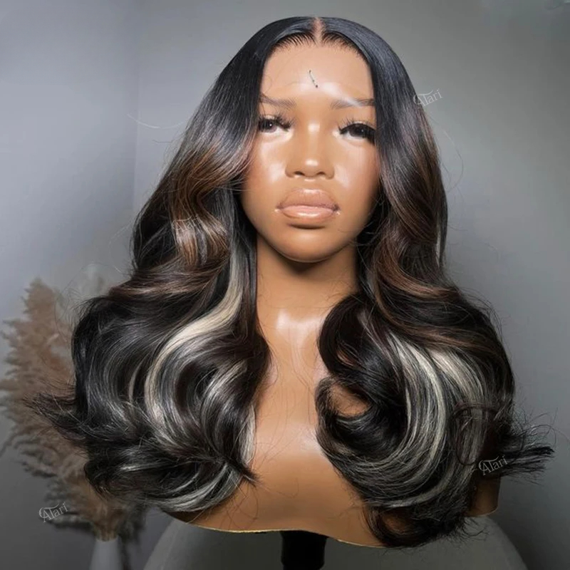 Long Peruvian Hair Highlight Body Wave Human Hair Wig 13x4 Lace Frontal Wigs Body Wave Brown Highlight Wigs for Women 200 Density