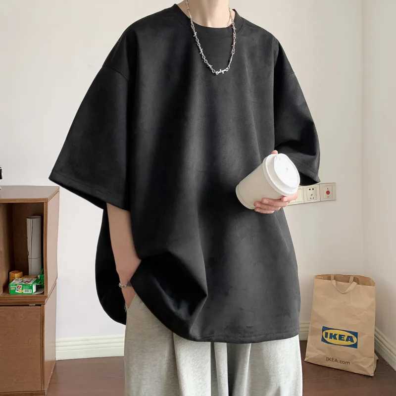 Summer short sleeved mens fashionable solid color round neck mens T-shirt loose suede T-shirt mens top M-3XL M250108