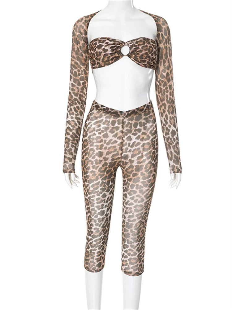 WLWXR Spring Womens Leopard Print Mesh 3 Piece Set Club Outfits 2025 Sheer Long Sleeve ShawlLace-up BraMatching Pants 250107