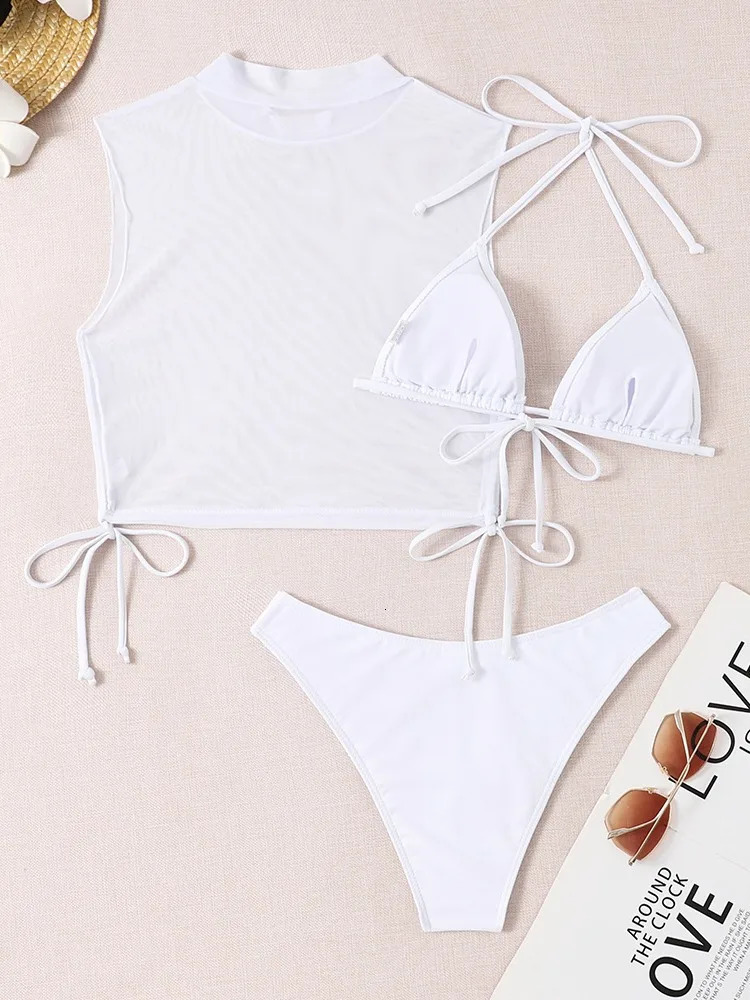 Sexy White Black Lace Mesh Bikini Set Three Pieces Women Swimwear High Neck Bandage Swimsuit Cover Up Bathing Suit High Cut 250106