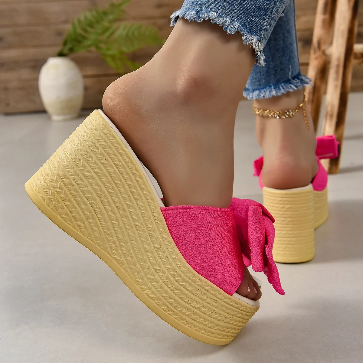Aphixta Red Summer 9cm Wedge Heels Slippers Women Big Butterfly Mulers 4cm Platform Sandals Clog Shoe Slides Plus Size 43 250107
