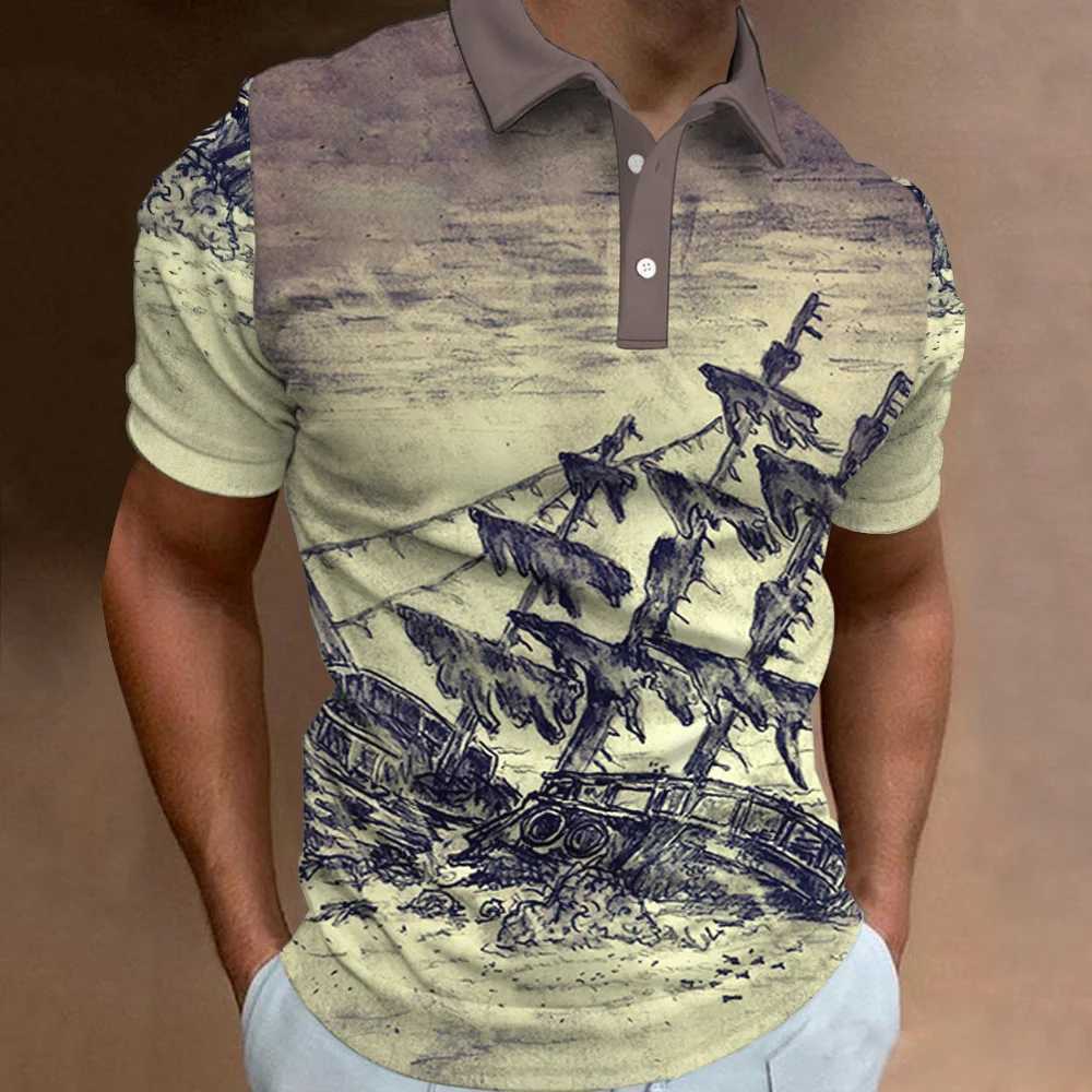 Vintage Polo T Shirt For Men Summer Short-Sleeve Clothing Sailing Print Casual Streetwear Fashion Oversized MenS T-Shirts TopsXJ250108