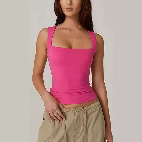 Summer New Women's Square Neck Sleeveless Double Layer Tank Top Basic Tight T-Shirt