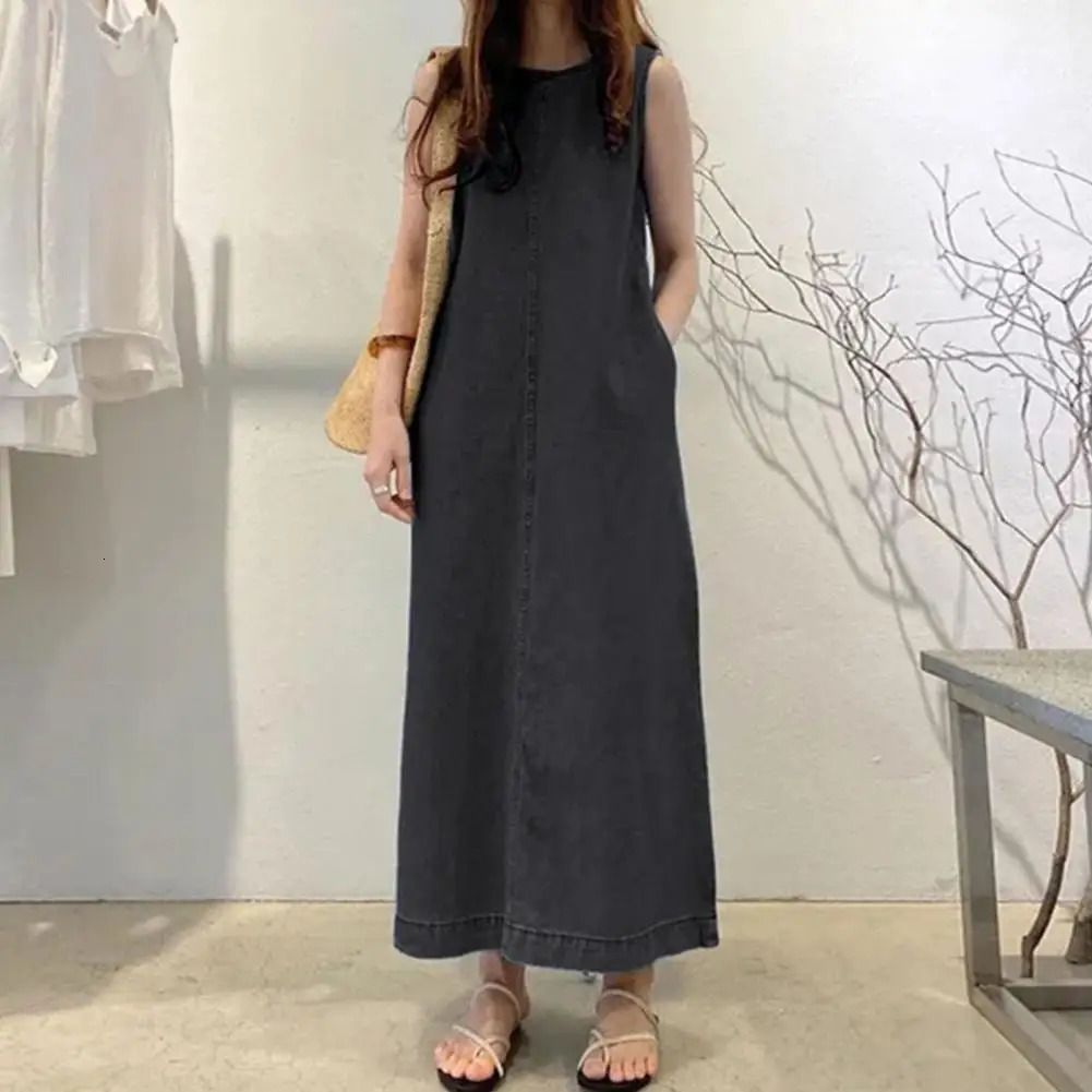 Femme Fashion Casual Loose Long Maxi Sundress Pleated Denim Vestido Sleeveless Robe Women Summer A Line Dress Overszie 250107