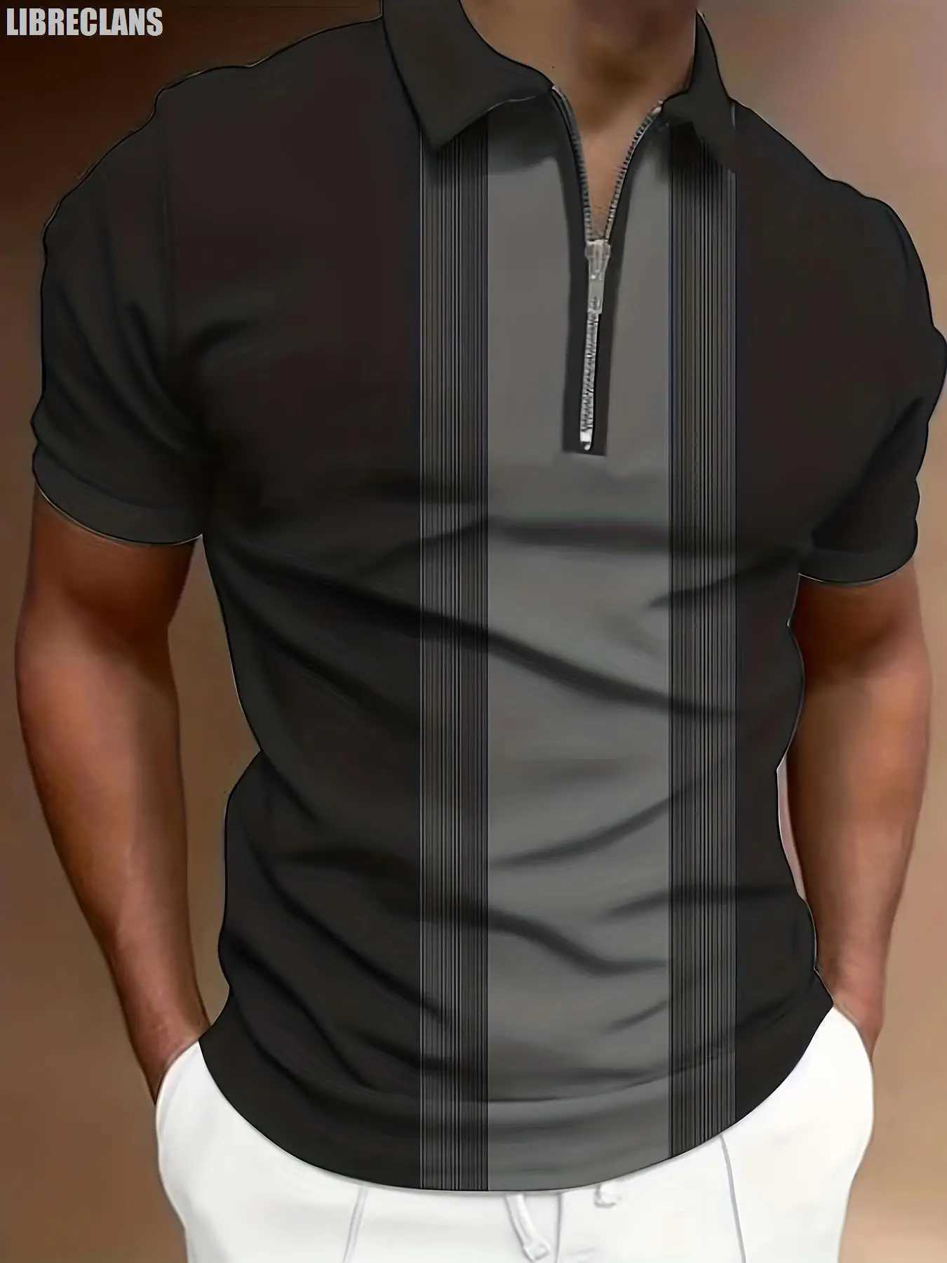 Black Striped Vintage Retro 3D Printed Mens Zipper Polo Shirt Summer Fashion New Mens Short-Sleeved Tops Slim SportswearXJ250108