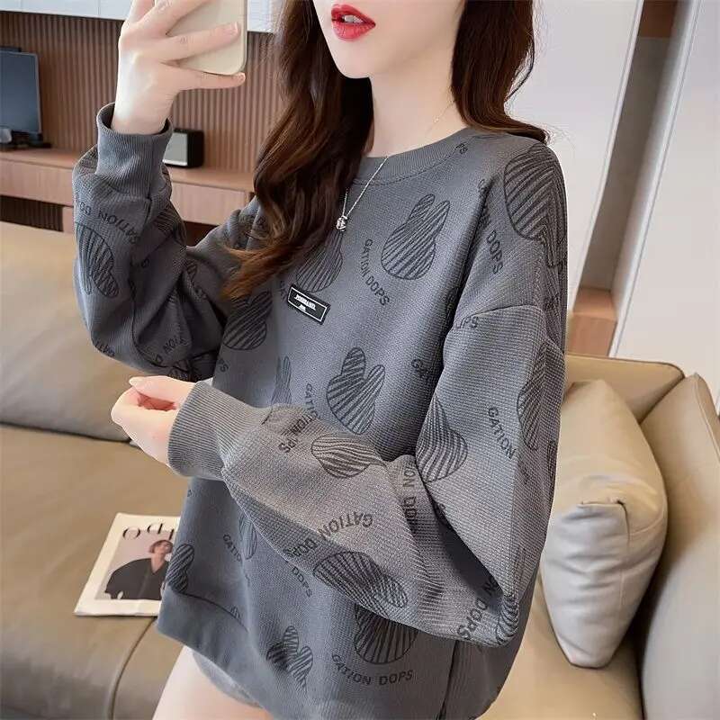 New Full Page Printed Cute Western Style Top Korean Version Loose Long Sleeved Women's Designer Sportswear