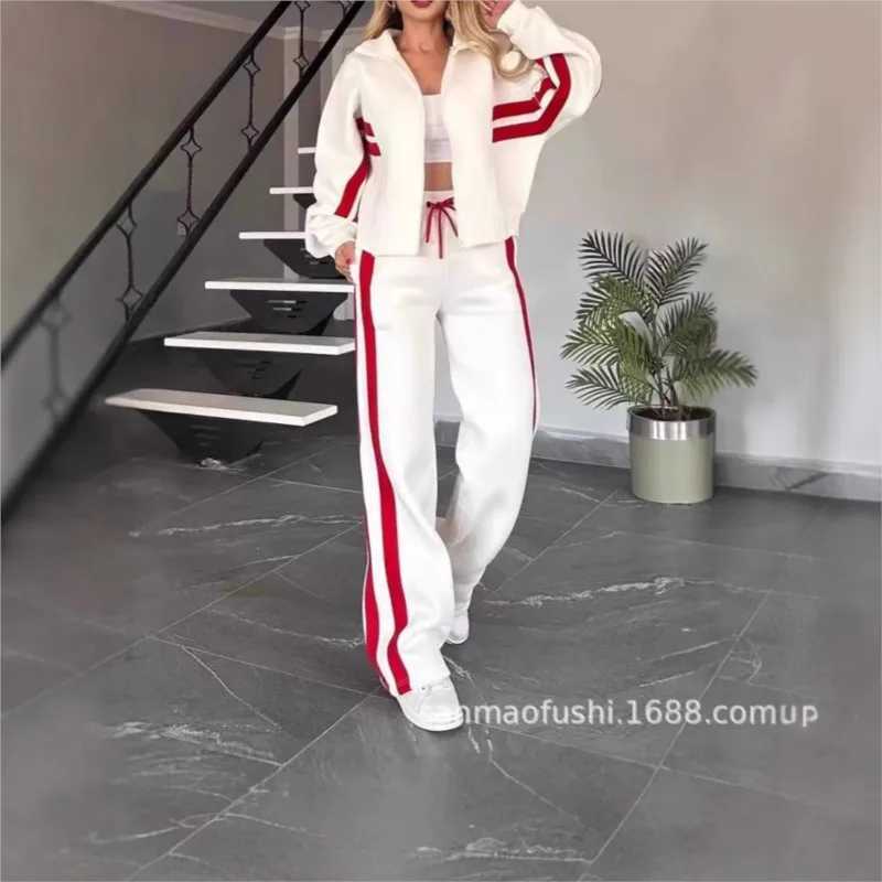 Fashion contrast striped patchwork workwear casual zipper long Sved hoodie lace straight three person walking two-piece set autumn W250108