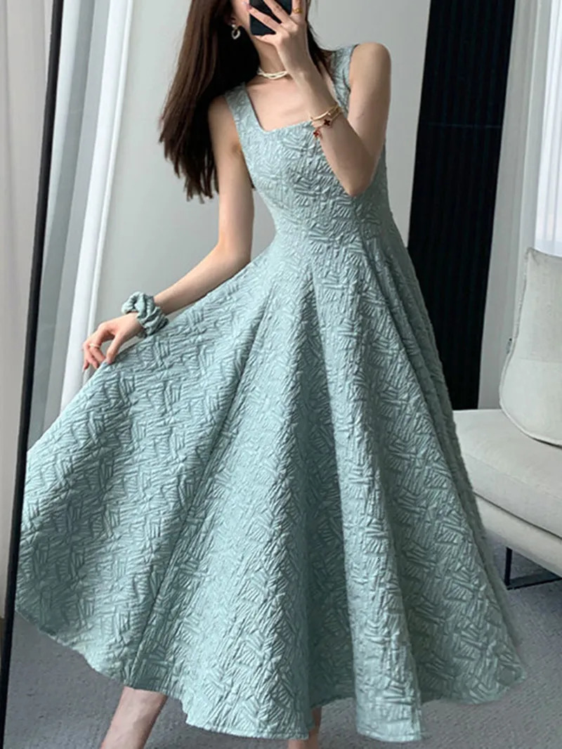 Women Solid Color Square Collar Draped A-line Slip Dresses Green Elegant Korean Style Slim Sundress Vintage Summer Y2k Dress 250107