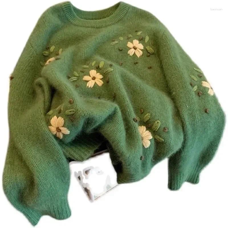 Women's Sweaters Vintage Green Embroidered Round Neck Sweater Autumn Loose Fit Knit Top Soft And Supple Idle Style Pullover