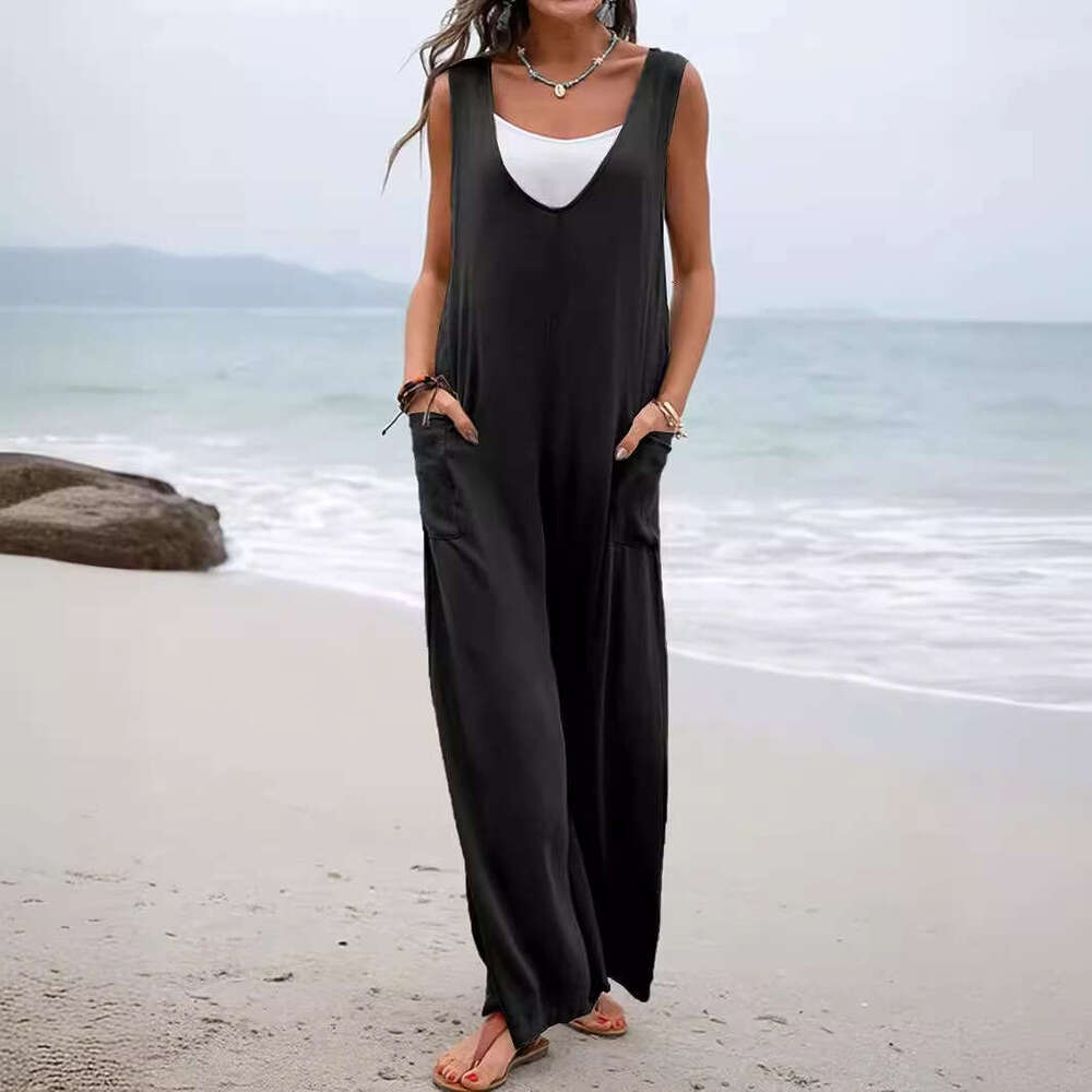 Summer New Solid Color Patch Bag Fashion Jumpsuit V-Neck Backband Wide Leg Long Pants For Women