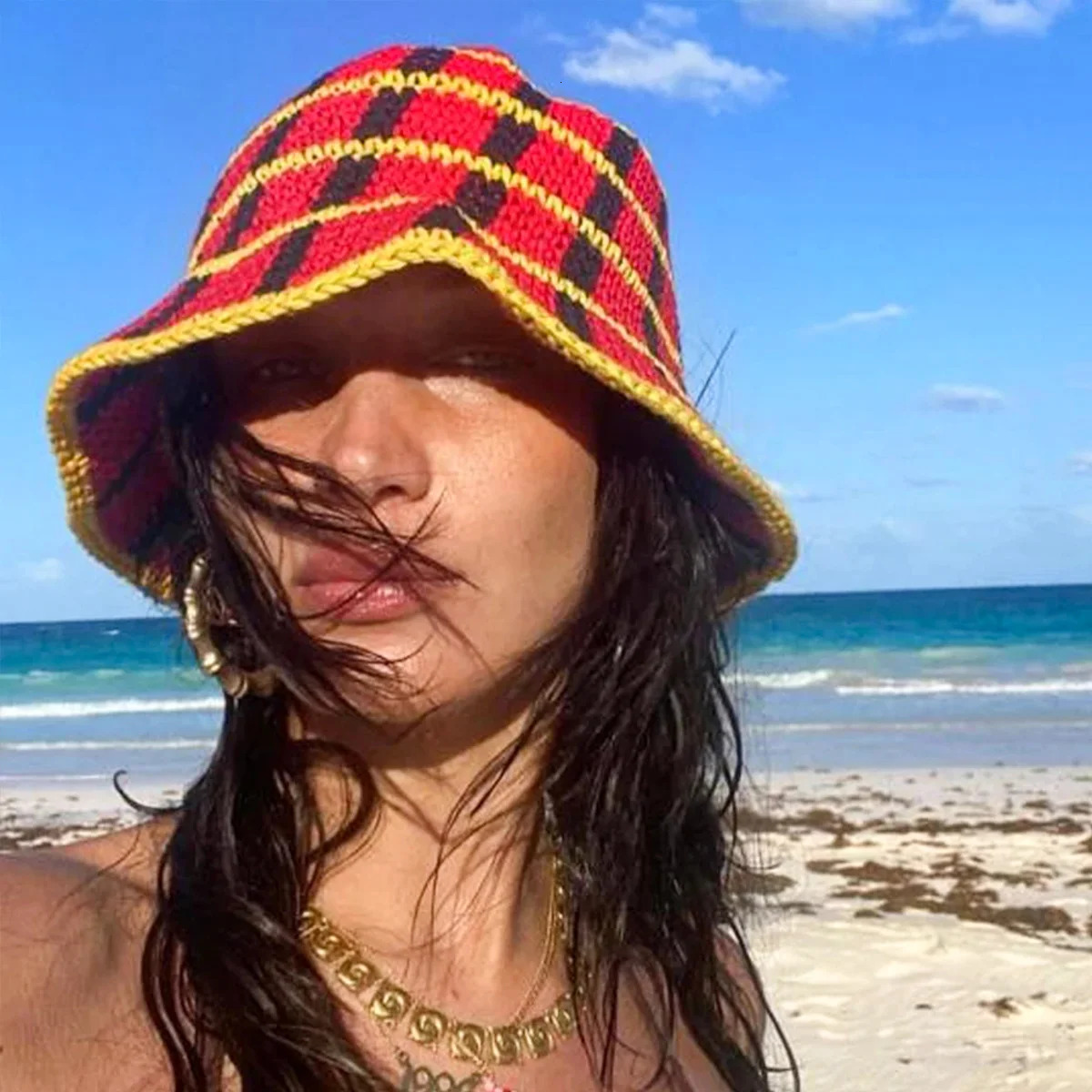 Panama Fashion Crochet Knitting Bucket Hat Summer Hat Foldable Sun Cap Women Hollow Multicolor Bucket Hat Cap 250107