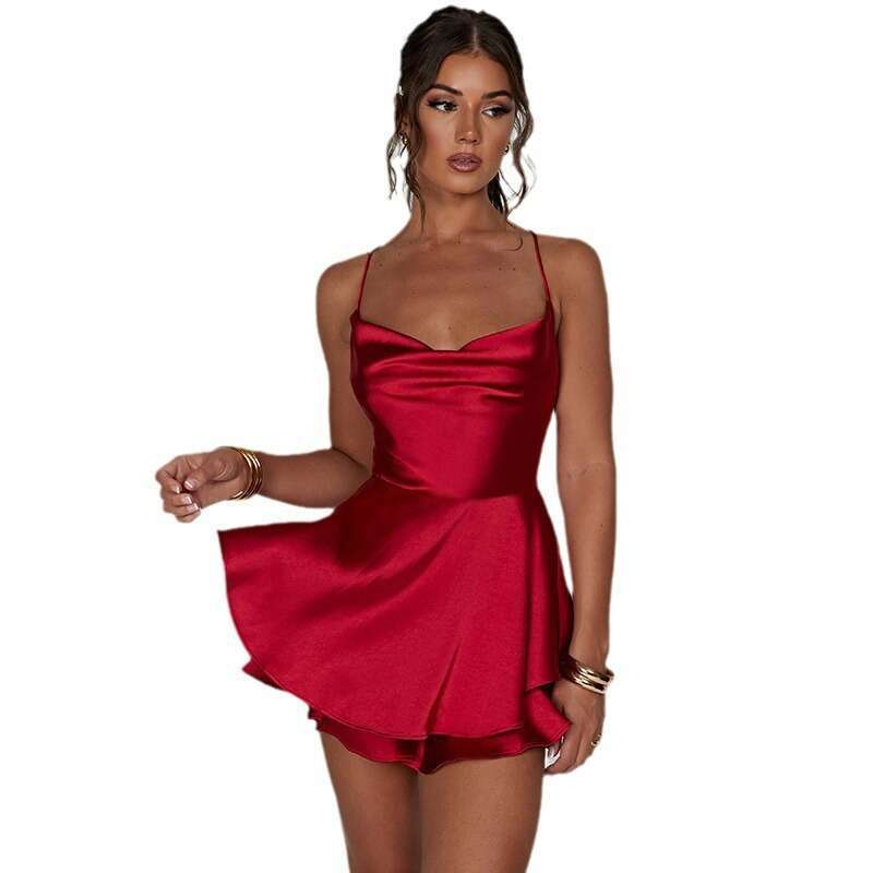 Dress Women's Short Summer Collection, Backless, Sexy And Fashionable Satin Suspender Jumpsuit