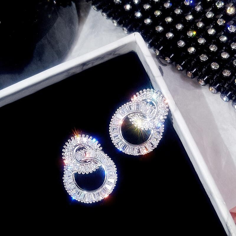 2025 Top Sell Classical Jewelry Stud Earrings 925 Sterling Silver Full Princess Cut White Topaz CZ Diamond Gemstones Elegant Women Double Circle Earri