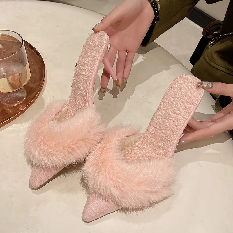 2024 Spring Pointed Toe Mules Shoes Women Slippers Slip On Women Fashion Comfrot Heel Shoes Party High Heel Fur Sandals 250107