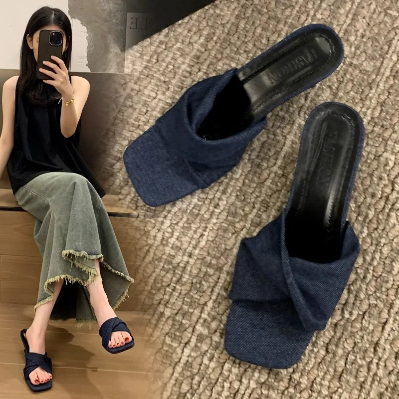 Summer 2024 Womens Slippers Open Toe Denim Thin Heels Outdoor Ladies Slippers Dress Party Shoes Mules Women Shoes D03 250107