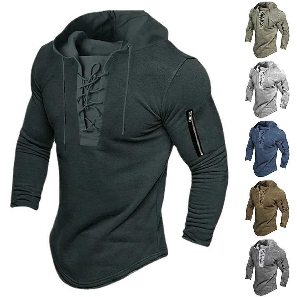 Mens Pullover Sweatshirt Solid Color Lace Up Casual Zipper Leisure Vacation Sports Hoodie W250108
