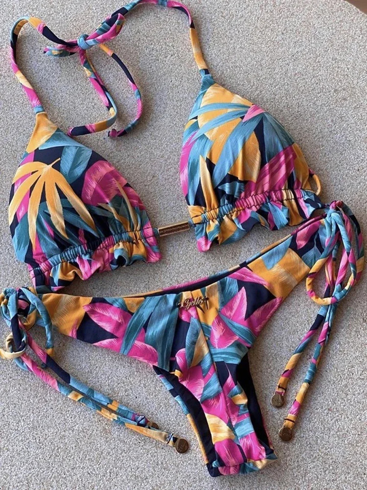 OIINAA Bathing Suit Women Sexy Printed Bikini Set Drawstring Swimsuit Halter Lace Up Two-piece Thong Summer Female Biquinis 250106