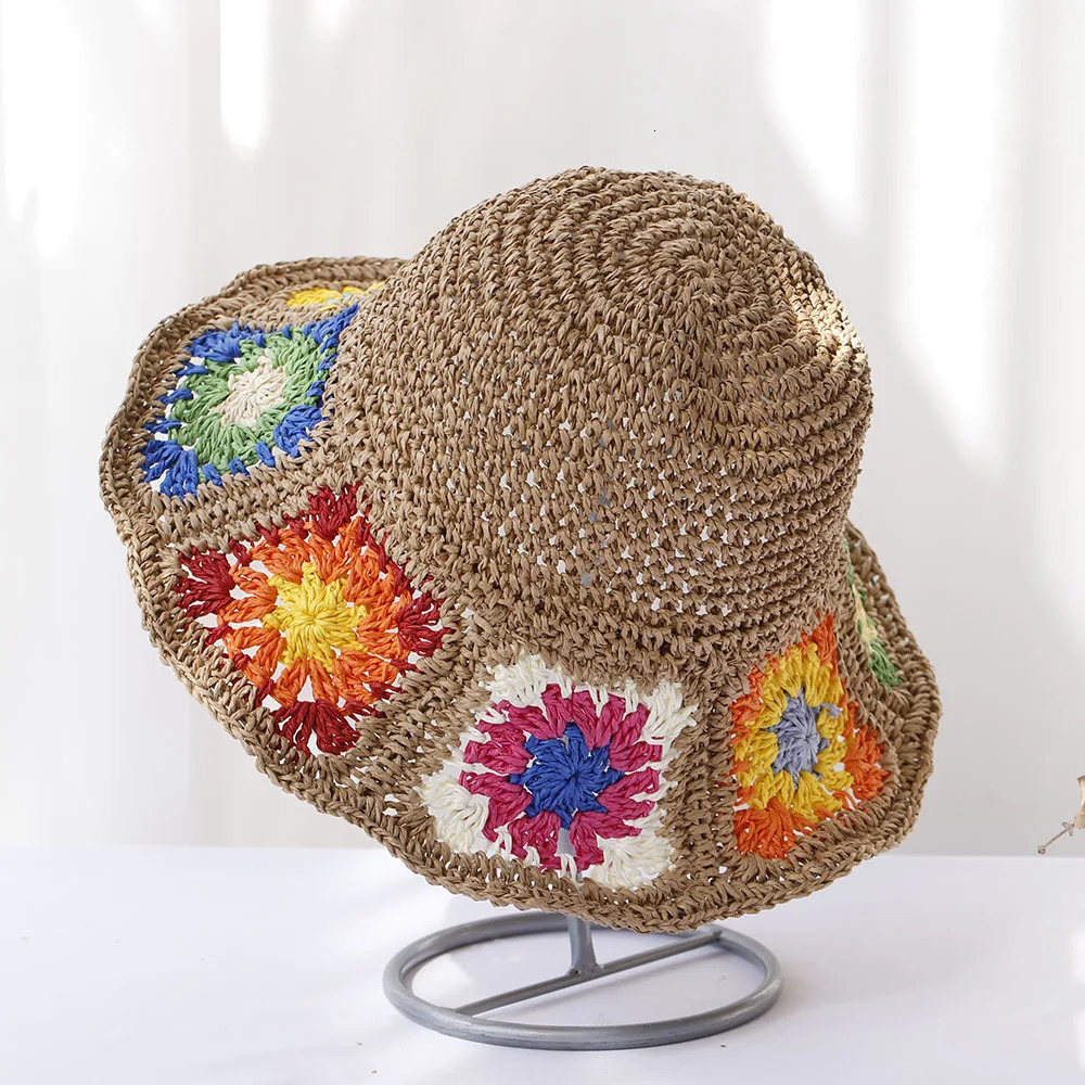 Fishermans Womens Straw with flower hat bucket hat UV Protection Sun Visor beach hat Women Visors rainbow Women Summer hat Cap 250107