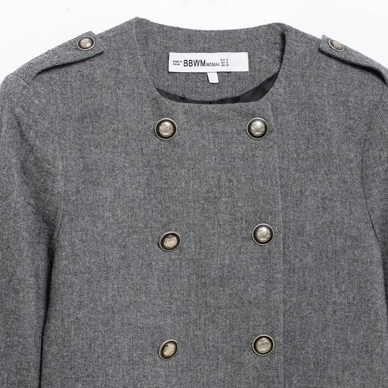 Willshela Women Fashion Grey Double Breasted Bomber Jackets Vintage ONeck Long Sleeves Female Chic Lady Outfits 250103