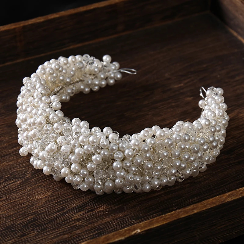 Full Pearl Crystal Headband Tiara Hairband Silver Color Bridal Wedding Hair Accessories Vine Headband For Bride Women 250107
