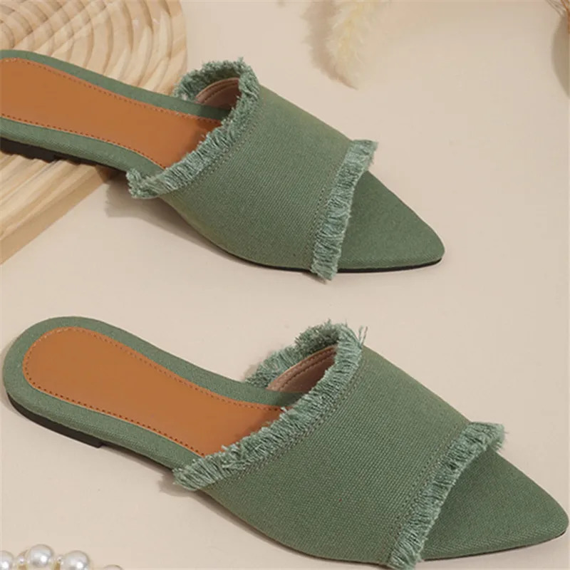 Shoes Slippers Flat Slides Low Slipers Women er 2024 Fashion Cotton Fabric PU Hoof Heels Rubber Sewing Shoes Woman 250107