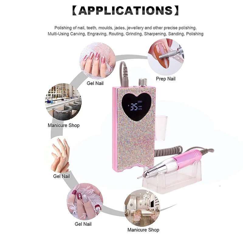 Torno Electrico para Unas Electric Nail Drill with Rhie unas recargable de 35000 RPM Heart Shape Wireless Pedicure Grinder