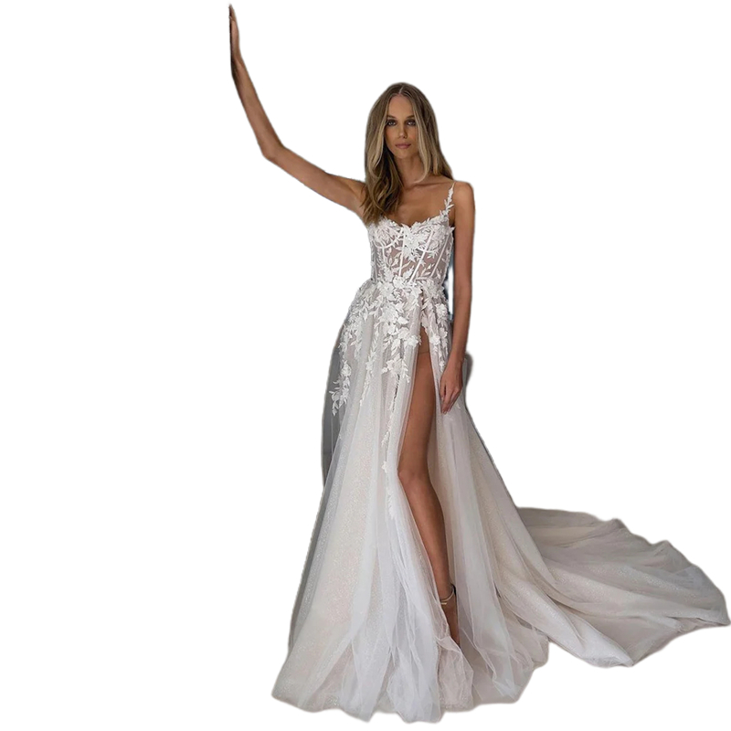 Side Split Long Beach Wedding Dresses Spaghetti Straps A-Line Ivory Bridal Gowns Lace Appliques Sleeveless Boho Bride Dress