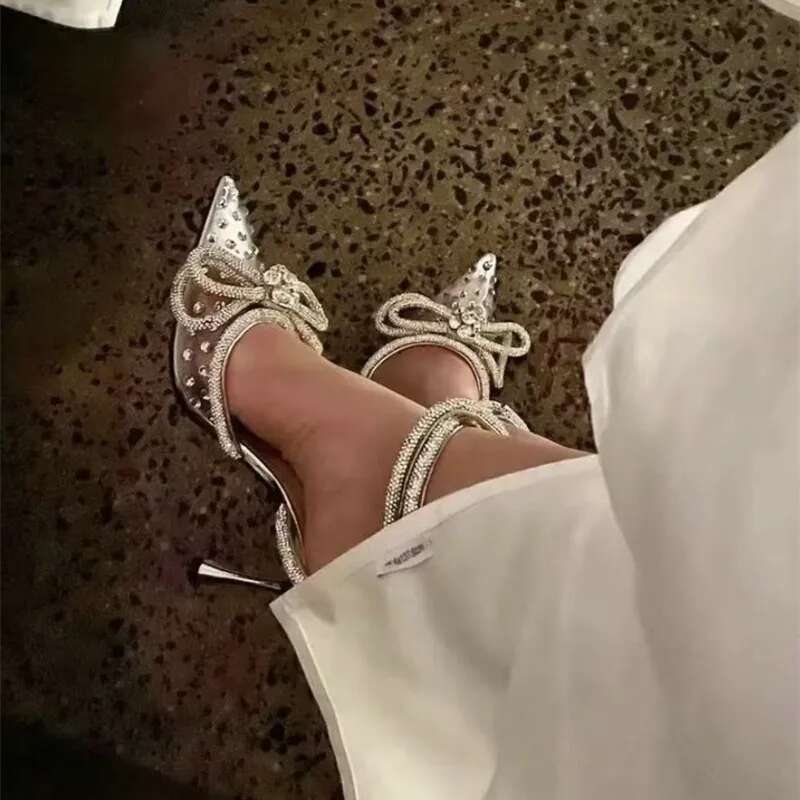 2024 New Women's Crystal Sandals Stiletto Heel Pointed Toe High Heels Party Banquet Wedding Shoes