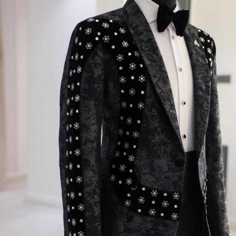 Customized Floral Pattern Mens Wedding Tuxedos Slim Fit Beading Groom Business Party Birthday Wear Jacket Pants Suits 2 Pieces