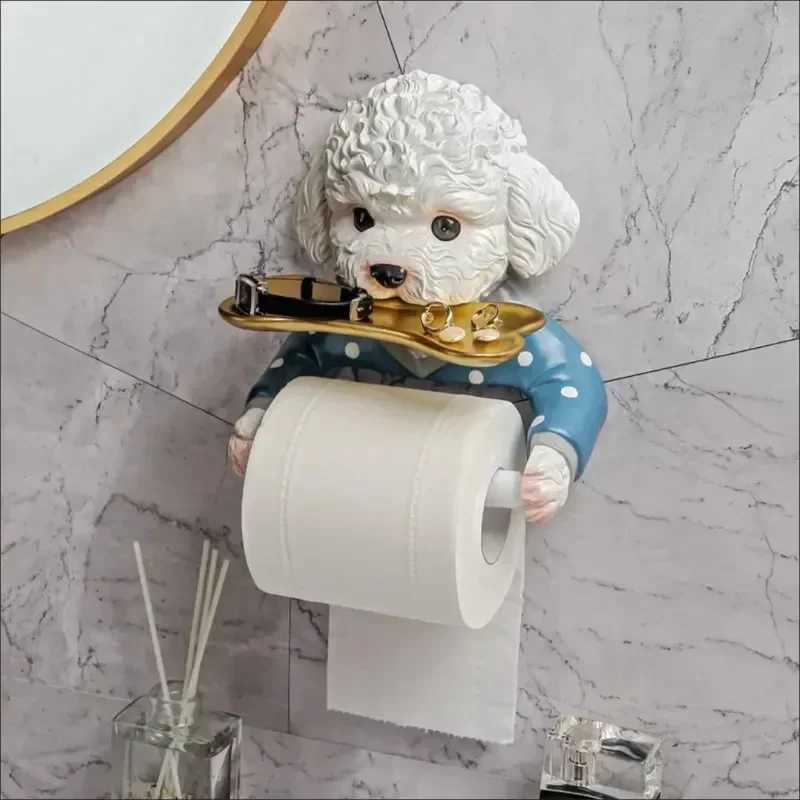 Cartoon Teddy Dog Toilet Paper Stand Punch Wall Mounted Toilet Tissue Roll Paper Storage Tray Bathroom Decoration Y250107