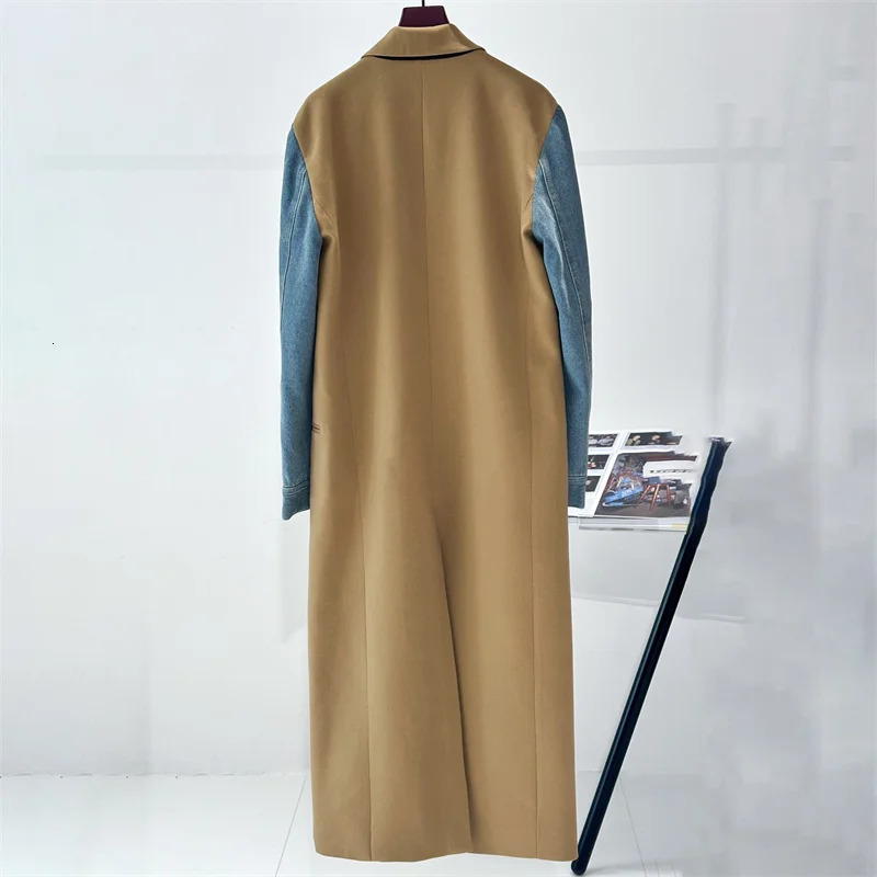 womens trench coat 2024 winter denim contrasting splicing Windbreaker wool blend Double breasted slim fit long women 250103