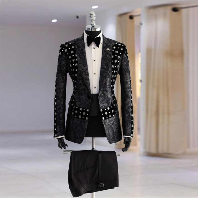 Customized Floral Pattern Mens Wedding Tuxedos Slim Fit Beading Groom Business Party Birthday Wear Jacket Pants Suits 2 Pieces