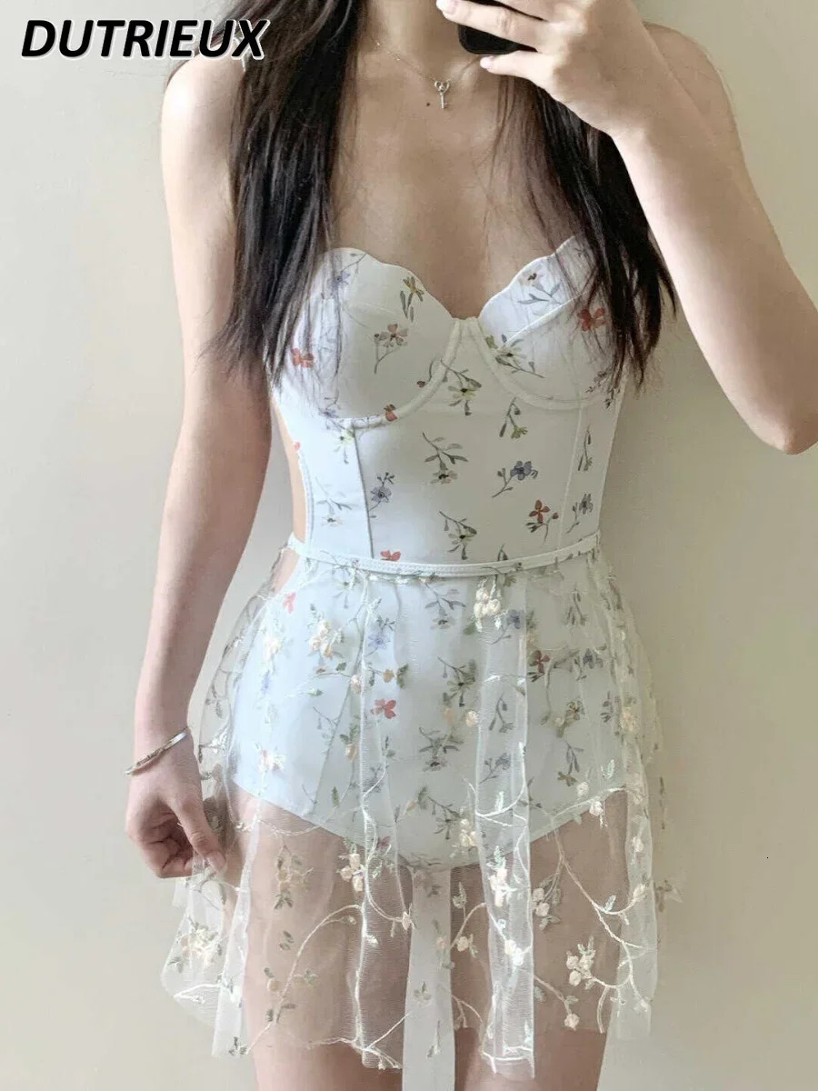 Summer Seaside Holiday Print Swimwear Shoulder Straps Backless Sexy Spring Ins Style Slimming French One Piece Swimsuit 250108