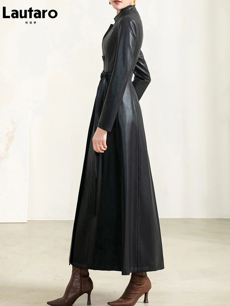 Lautaro Spring Autumn Long Black Soft Waterproof Faux Leather Coat Women Belt Sleeve Single Breasted Fashion 250103