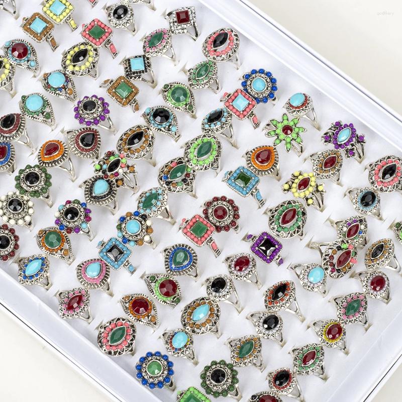 Cluster Rings Wholesale Bulk 30 Pieces/Lot Vintage Stone Flower For Women Fashion Jewelry Wedding Party