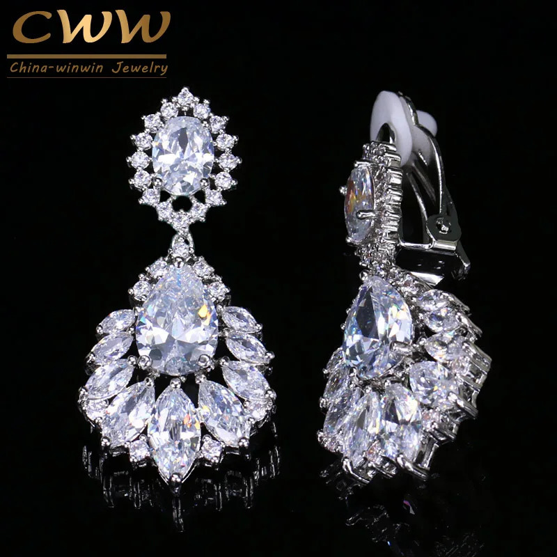 CWWZircons Gorgeous Silver Color Dangle Drop CZ Zirconia Women Long Clip On Earrings for No Pierced Hole Ears CZ006 250103