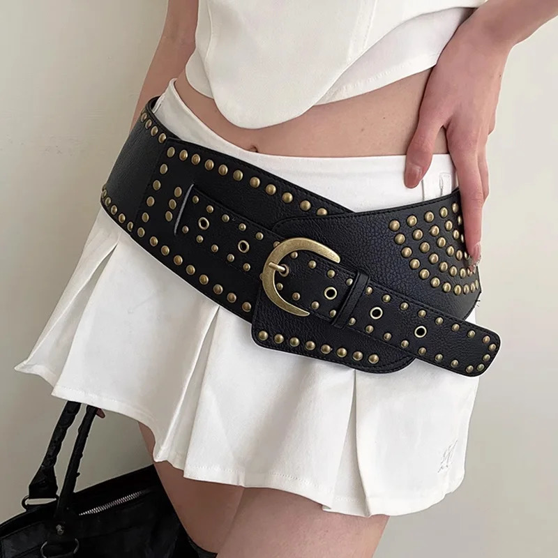 Y2K Rivet Ring Belt Vintage Punk Style Crop Belts Women Fashion Hollow Out Decorative Concave-shaped Belt Streetwear 250107