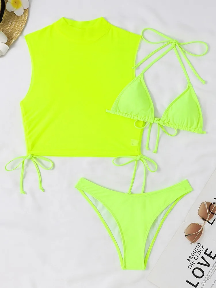 Sexy White Black Lace Mesh Bikini Set Three Pieces Women Swimwear High Neck Bandage Swimsuit Cover Up Bathing Suit High Cut 250106