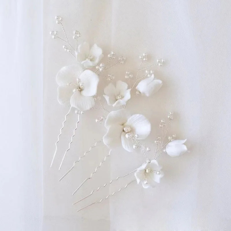 SLBRIDAL Handmade Ins Style Ceramic Flower Pearls Bridal Hair Pin Set Wedding Hair Sticker Hair Accessories Women Hair Jewelry 250107