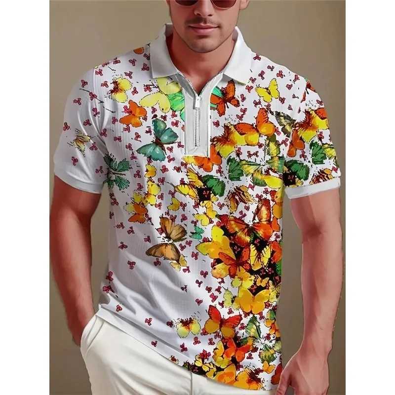 Mens POLO Shirt Fashion Butterfly Print Short-sleeved Casual Business Short-sleeved Summer Comfortable Zipper POLO ShirtXJ250108