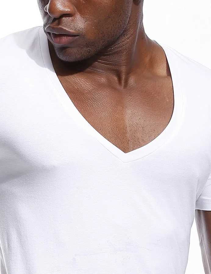 High Quality Deep V-neck mens T-shirt low cut wide V-neck T-shirt mens Modal Drop Tail slim fit short sleeved invisible underwear T250108