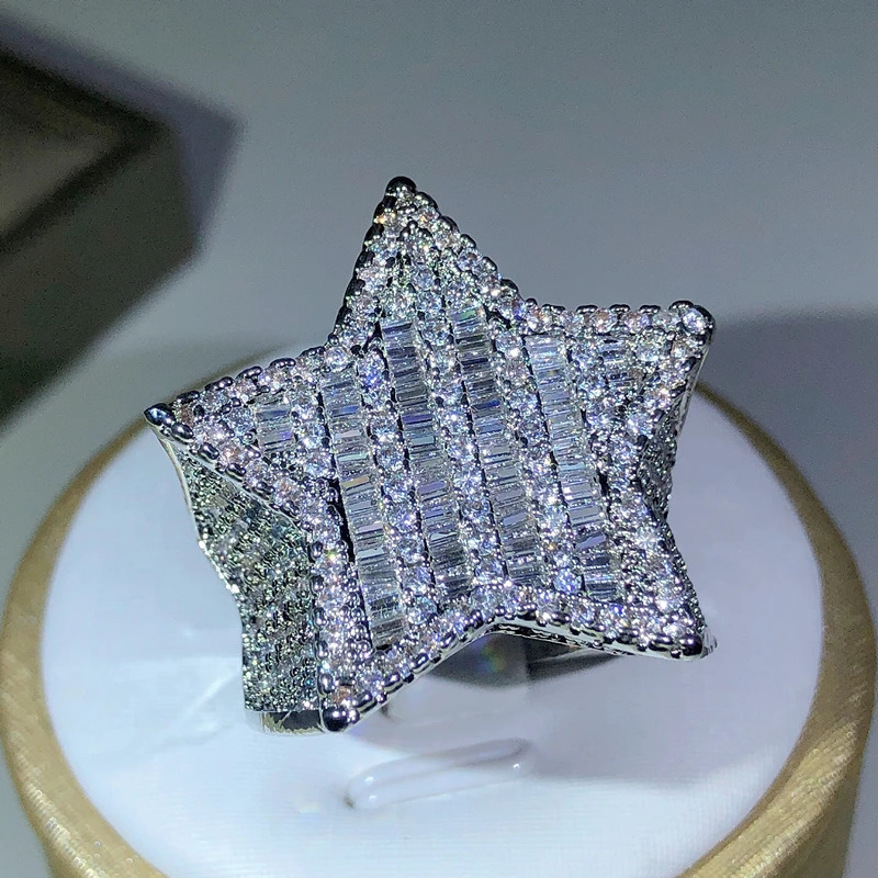 925 Silver Star Diamond Rings For Manwomen Solid White Yellow Gold Rings Shine Hiphop Jewlery Gifts 250107