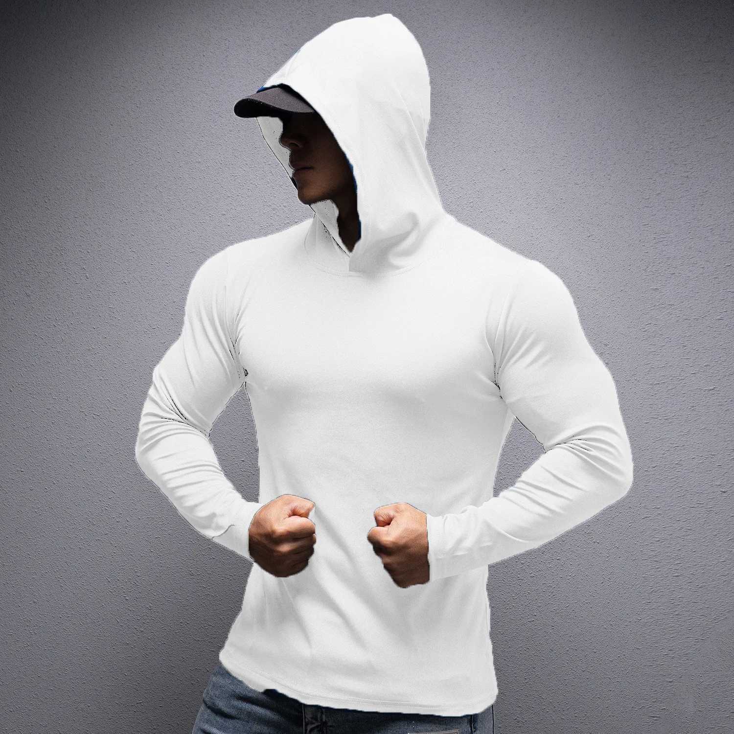 Spring and autumn fitness T-shirt mens long sleeved quick drying gym tight fitting exercise thin top training T-shirt mens hooded sweatshirt W250108