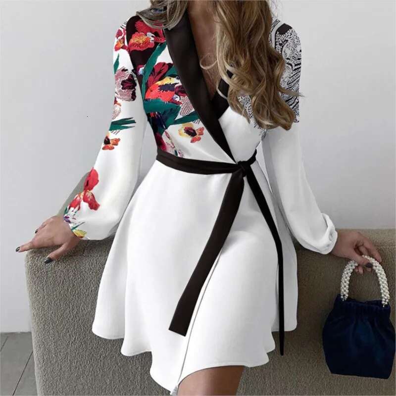 Women Summer Style One-Piece Color Blocked Dress With V-Neck Long Sleeved High Waisted Lace Up Retro Ral Short Skirt