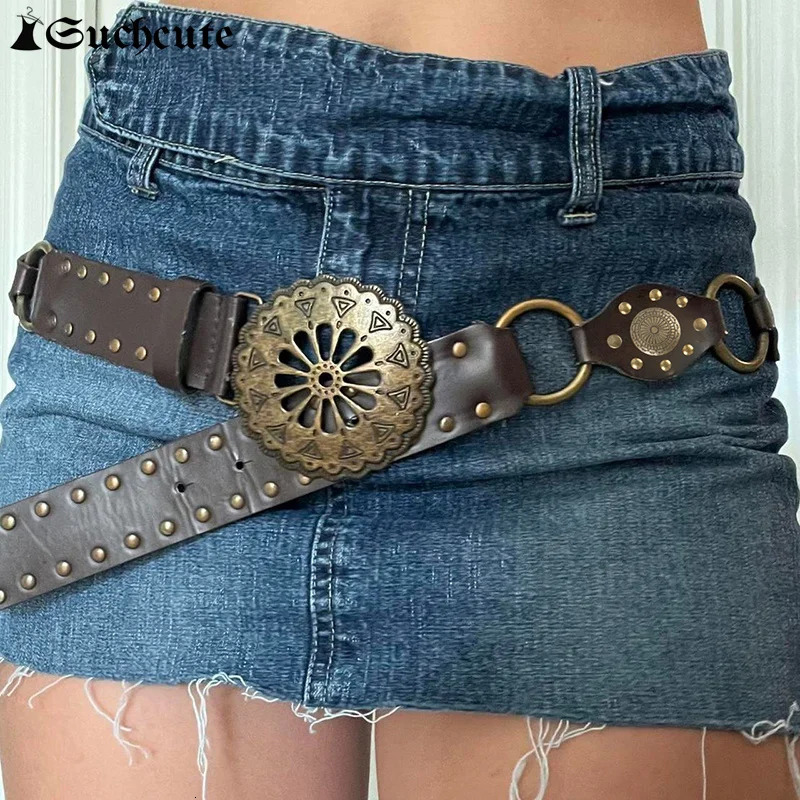 SUCHCUTE Sunflower Buckle Boho Vintage Rivet Brown Belts for Women PU Leather Y2K Style Accessories Goth Streetwear Loop Belts 250107