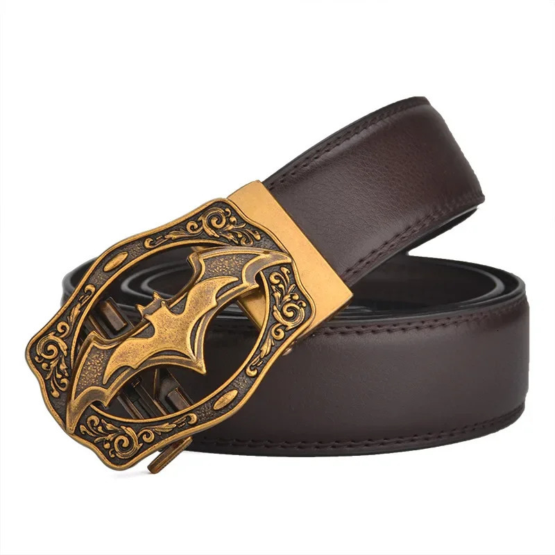 Retro Bat Silver Gold Mens Automatic Buckle Leather Plus Size Large 130 140 160 170cm Brown Black Belt 250107