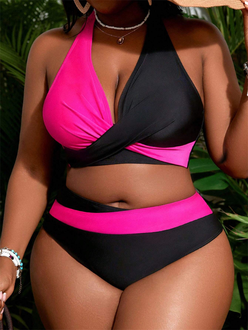 Women's Plus Size Bikinis Swimsuit Color Block Criss Cross Bikini Sets High Waisted Swimwear Big Woman Halter Neck Two Piece Bathing Suit
